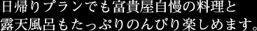 日帰りプランでも富貴屋自慢の料理と露天風呂もたっぷりのんびり楽しめます。